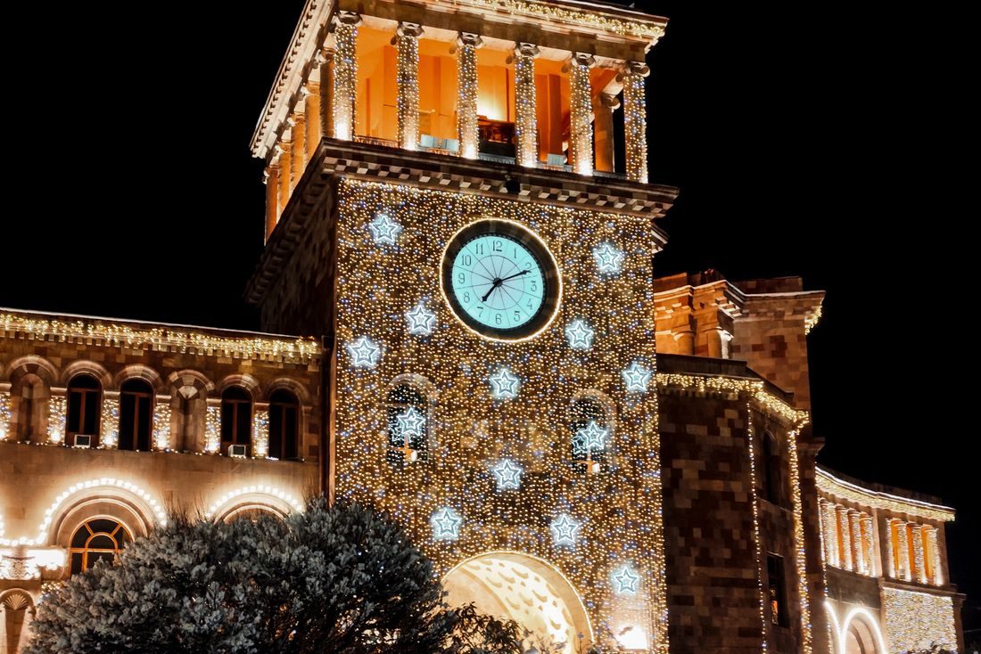 Yerevan clock tower at night