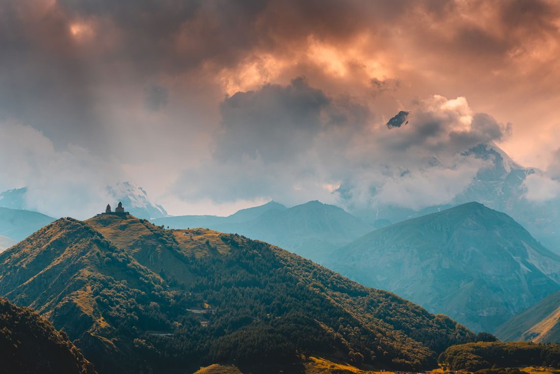 Kazbegi mountains at sunset