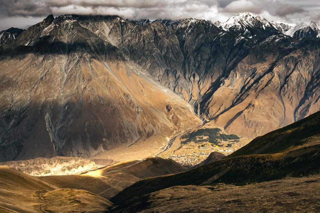 Caucasus Mountains under dramatic sky